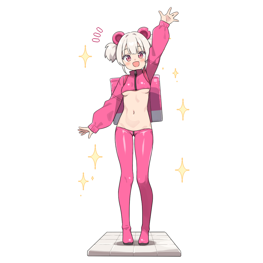 1girl :d animal_ears arm_up backpack bag blush boots breasts cropped_jacket full_body grey_hair groin hatsunatsu jacket long_sleeves looking_at_viewer lowleg lowleg_pants navel notice_lines open_mouth original pants pink_boots pink_jacket pink_pants puffy_long_sleeves puffy_sleeves red_eyes simple_background small_breasts smile solo sparkle standing thigh_boots twintails white_background