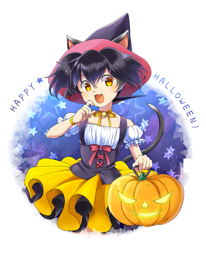 1boy animal_ears black_hair cat_ears cat_tail chigayasan collarbone commentary_request crossdressing dress fang hair_between_eyes happy_halloween hat ikusabe_wataru jack-o&#039;-lantern kemonomimi_mode looking_at_viewer male_focus mashin_eiyuuden_wataru neck_ribbon open_mouth orange_ribbon puffy_short_sleeves puffy_sleeves ribbon short_hair short_sleeves slit_pupils star_(symbol) tail trap witch_hat