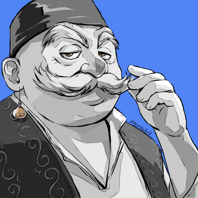 1boy blue_background brown_eyes commentary dragon_quest dragon_quest_xi earrings english_commentary facial_hair fez_hat greyscale_with_colored_background greyscale_with_colored_eyes jewelry jitome looking_at_viewer looking_to_the_side male_focus mustache old old_man row_(dq11) single_earring slime_(dragon_quest) solo spot_color upper_body vest wrinkled_skin zzyzzyy