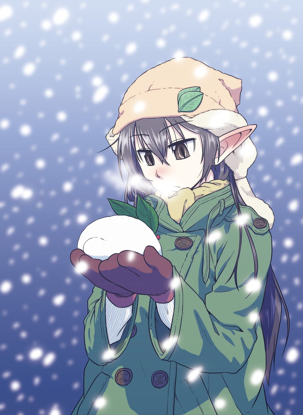 1girl black_eyes black_hair breath coat elf female_focus fur_hat hat highres kazamori_itoko mittens official_art pointy_ears scarf shun_(rokudena-shi) snow snow_rabbit snowing solo species_domain winter winter_clothes