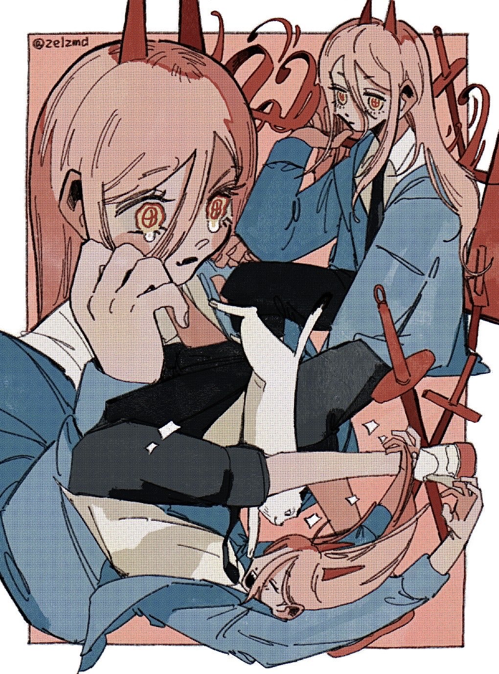 1girl black_necktie black_pants blue_jacket border cat chainsaw_man closed_eyes collared_shirt cross-shaped_pupils crossed_swords demon_girl demon_horns full_body hair_between_eyes hand_in_own_hair hands_on_own_face highres horns jacket long_hair meowy_(chainsaw_man) multiple_views necktie open_mouth pants pink_background pink_hair power_(chainsaw_man) red_horns sharp_teeth shirt shoes smile sneakers sparkle sword symbol-shaped_pupils tears teeth twintails upper_body weapon white_border white_shirt white_shoes yellow_eyes zelzmd