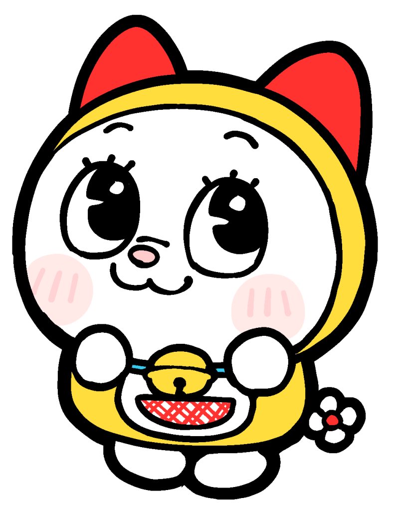 :3 bell bkub black_eyes blue_collar blush_stickers bow closed_mouth collar doraemon dorami jingle_bell neck_bell no_humans red_bow simple_background solo standing white_background