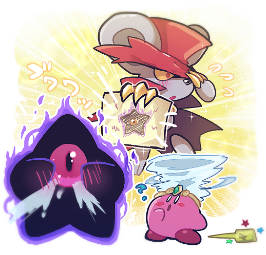 ? animal_ears blush blush_stickers cape chiimako claws colored_sclera colored_skin copy_ability dark_nebula daroach drawing_(object) kirby kirby_(series) kirby_squeak_squad mouse_ears nintendo no_humans one-eyed pink_skin red_eyes red_headwear star_(symbol) tears tornado_kirby triple_star tsundere yellow_sclera