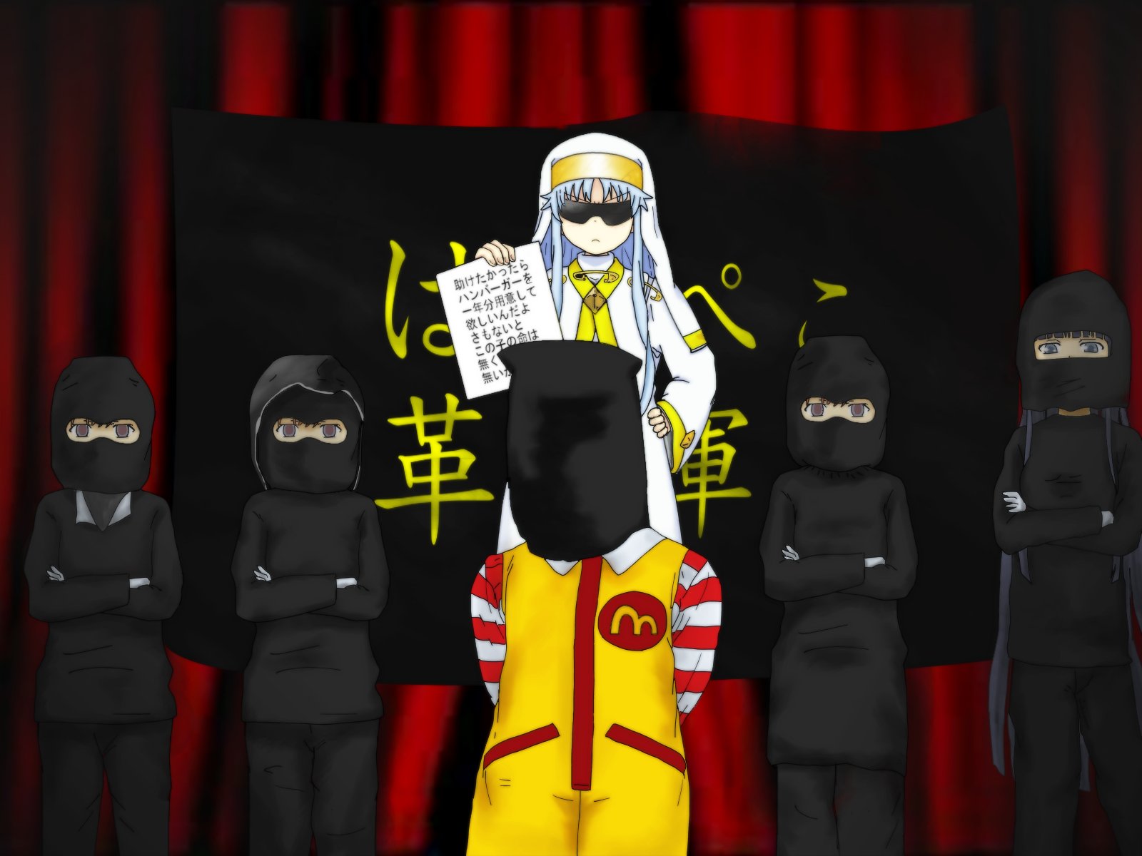1boy 5girls clone crossover gobanme_no_mayoi_neko highres himegami_aisa index_(toaru_majutsu_no_index) mcdonald&#039;s misaka_imouto multiple_girls ronald_mcdonald sunglasses terrorism toaru_majutsu_no_index translation_request what