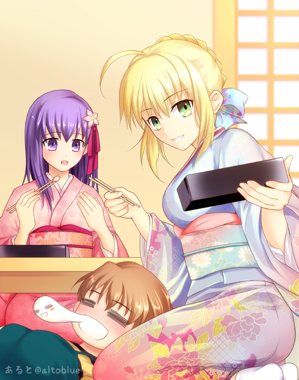 3girls =_= ahoge artoria_pendragon_(fate) blonde_hair blue_kimono braid breasts chopsticks commentary_request fate/stay_night fate_(series) flower fujimura_taiga giving_up_the_ghost green_eyes hair_flower hair_ornament hair_ribbon hisohiso_(altoblue) holding holding_bento holding_chopsticks japanese_clothes kimono large_breasts matou_sakura multiple_girls obi open_mouth pink_kimono purple_eyes purple_hair ribbon saber_(fate) sash seiza short_hair signature sitting sleeping smile socks table twitter_username white_socks wide_sleeves