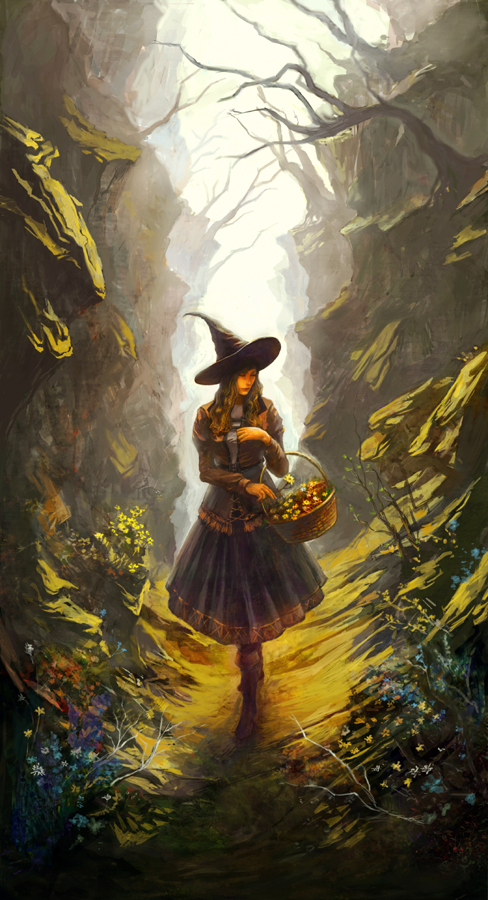 1girl bare_tree basket black_hair blue_skirt boots brown_boots brown_hair brown_jacket canyon closed_eyes commentary cross-laced_clothes cross-laced_top day english_commentary flower frilled_shirt frills full_body grey_shirt hair_half_over_shoulder hat holding holding_flower jacket juliet_sleeves long_hair long_skirt long_sleeves open_clothes open_jacket original outdoors parted_lips path phoenix-feng pleated_skirt puffy_sleeves road shirt skirt solo spring_(season) tree walking witch witch_hat yellow_flower