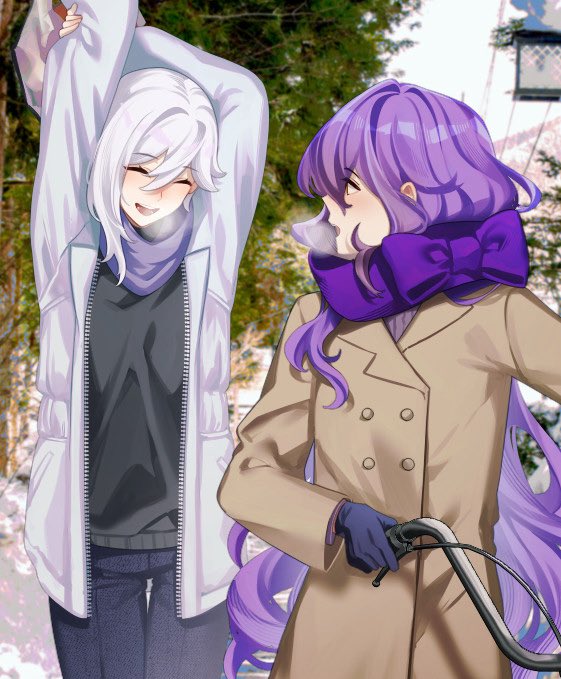 2girls arms_up bag black_gloves black_pants black_shirt brown_coat cecilia_schariac closed_eyes coat commentary enpera gloves handlebar holding holding_bag honkai_(series) honkai_impact_3rd jacket long_hair looking_at_another multiple_girls open_clothes open_jacket open_mouth outdoors pants purple_hair purple_scarf scarf shirt shopping_bag sirin stretching tana_(tanabio) very_long_hair white_jacket yellow_eyes zipper