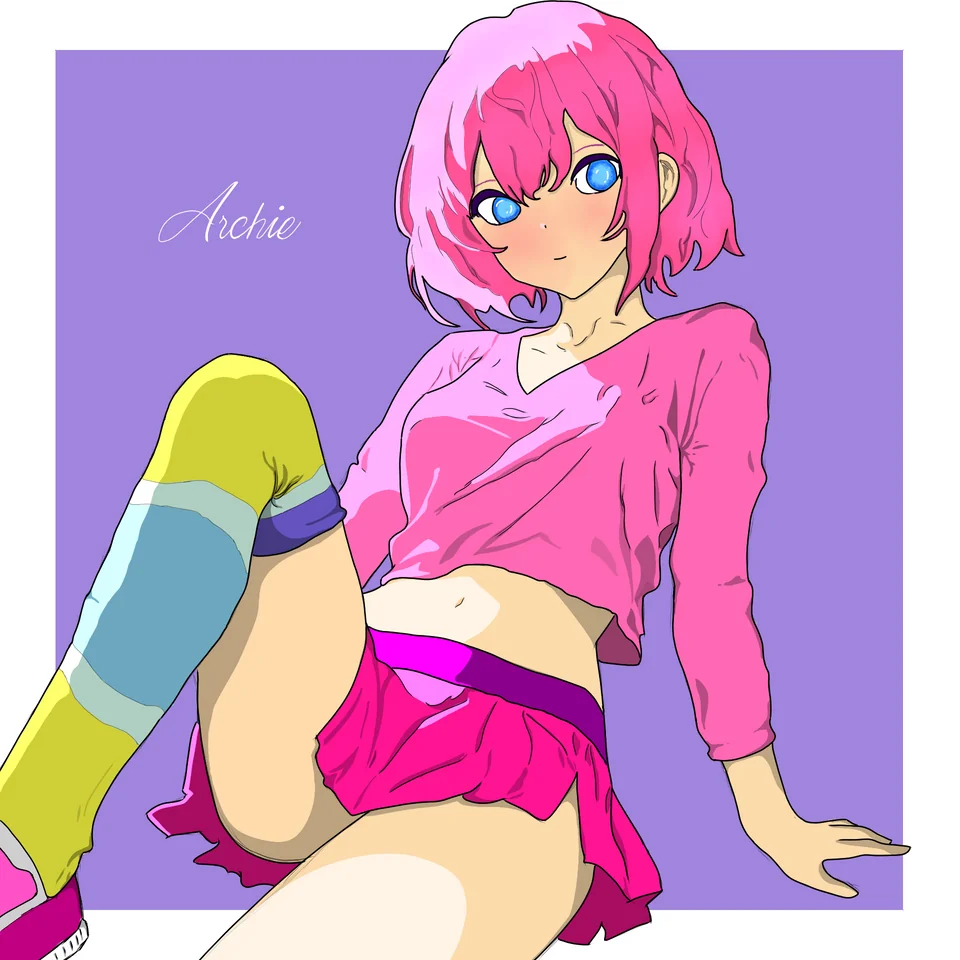 bitfight blue_eyes multicolored_socks navel party_girl_(terraria) pink_hair pink_shirt pink_shoes pink_skirt shirt shoes skirt socks striped_clothes striped_socks tagme terraria yellow_socks