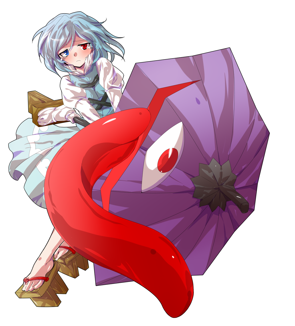 1girl alphes_(style) blush breasts commentary_request dairi full_body geta juliet_sleeves karakasa_obake large_variant_set long_sleeves parody puffy_sleeves purple_umbrella red_eyes shirt skirt skirt_set solo style_parody tachi-e tatara_kogasa toes tongue tongue_out touhou transparent_background umbrella variant_set vest