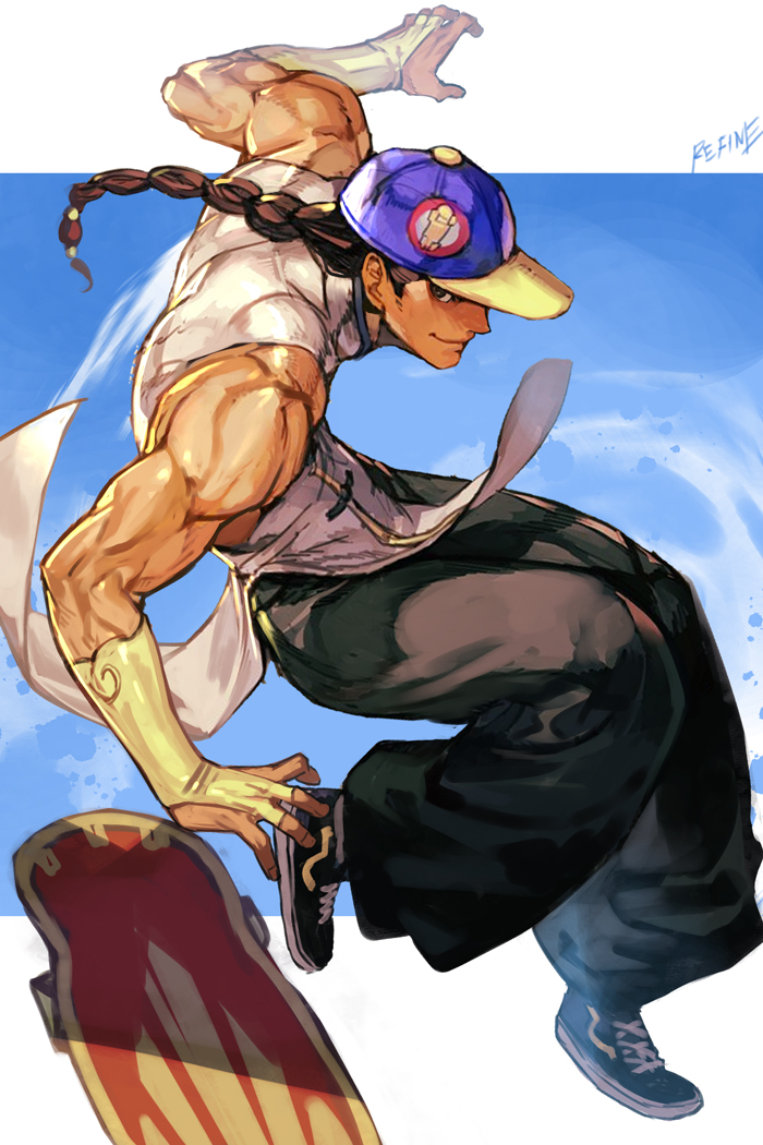 baseball_cap black_footwear black_hair black_pants braid bridal_gauntlets chinese_clothes evolution_championship_series grey_eyes hat hungry_clicker muscular muscular_male pants shirt skateboard sleeveless sleeveless_shirt solo street_fighter street_fighter_iii_(series) white_shirt yun_lee