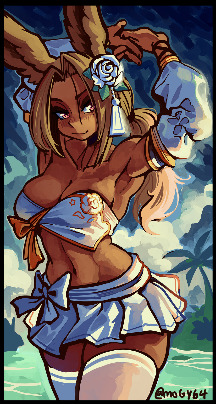 1girl animal_ears armband armlet armpits arms_up bare_shoulders black_border blush border bracelet breasts brown_hair cleavage cowboy_shot dark_skin detached_sleeves final_fantasy final_fantasy_xiv flower hair_flower hair_ornament highres jewelry large_breasts long_hair looking_at_viewer midriff miniskirt mogy64 navel puffy_sleeves rabbit_ears skirt smile solo strapless thighhighs upper_body viera warrior_of_light_(ff14) white_thighhighs zettai_ryouiki