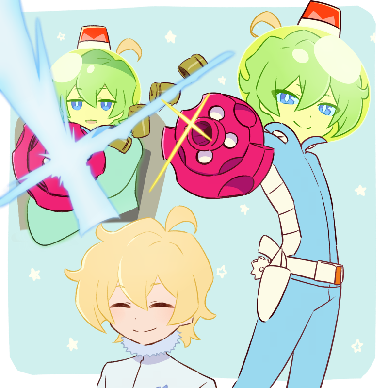 10s 1boy ahoge alpha_omega_nova arm_cannon blonde_hair blue_background blue_eyes bodysuit multiple_expressions helmet holster judgement_gun_morphing male_focus mt.somo multiple_views rotating_light simple_background smile star_(symbol) uchuu_patrol_luluco weapon