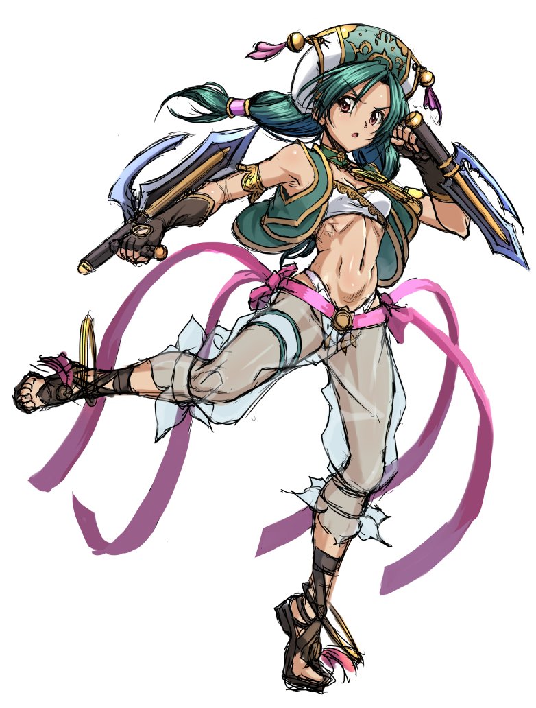 1girl bandeau bare_shoulders bladed_tonfa braid breasts brown_eyes dual_wielding fingerless_gloves full_body gloves green_hair harem_pants hat holding jewelry long_hair looking_at_viewer midriff navel open_mouth pants pink_ribbon ribbon see-through_clothes simple_background solo soul_calibur soulcalibur soulcalibur_iv strapless syunzou talim tonfa tube_top twin_braids twintails weapon white_background