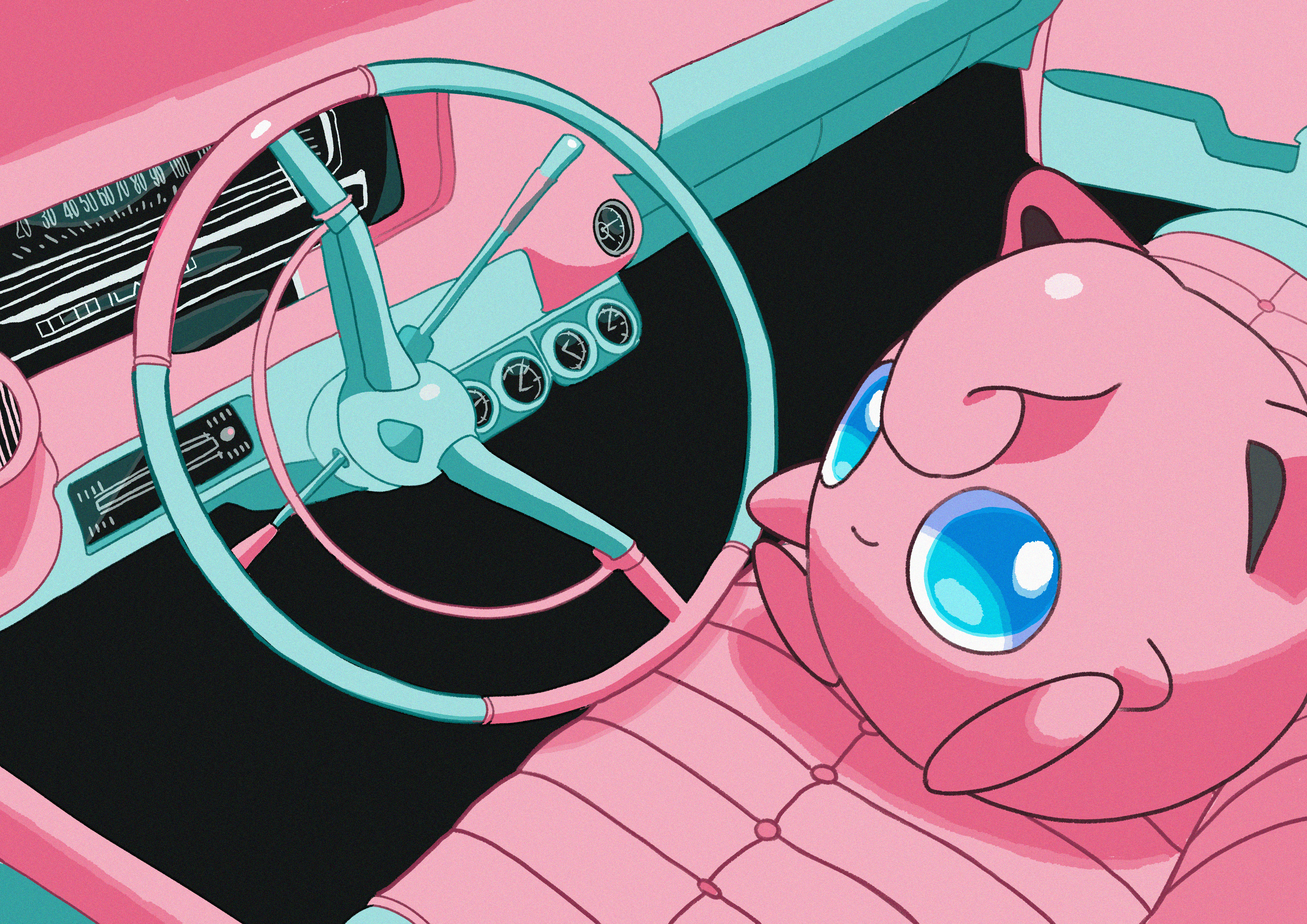 absurdres aqua_eyes car_interior closed_mouth commentary gen_1_pokemon highres jigglypuff looking_at_viewer nintendo no_humans pokemon pokemon_(creature) saiku_(zvlku) sitting smile solo steering_wheel