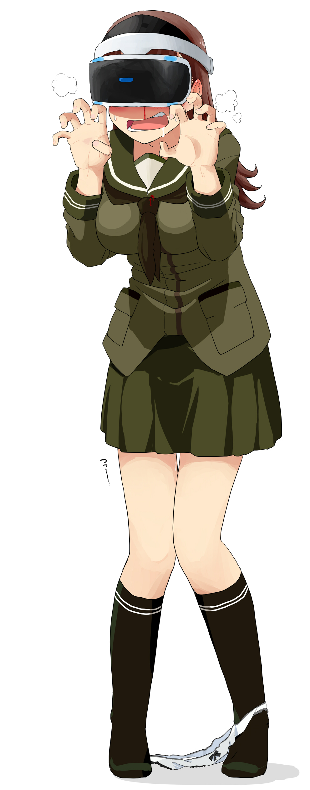 10s 1girl absurdres between_breasts black_legwear blood blood_on_clothes bow bow_panties breasts brown_hair drooling female_focus female_pervert full_body grabbing green_shirt head-mounted_display highres implied_pornography kantai_collection kozou_(rifa) large_breasts long_hair long_sleeves necktie necktie_between_breasts nosebleed ooi_(kancolle) open_mouth panties panties_around_leg pervert playstation_vr pussy_juice saliva shirt simple_background skirt solo standing steam teeth underwear white_background white_panties
