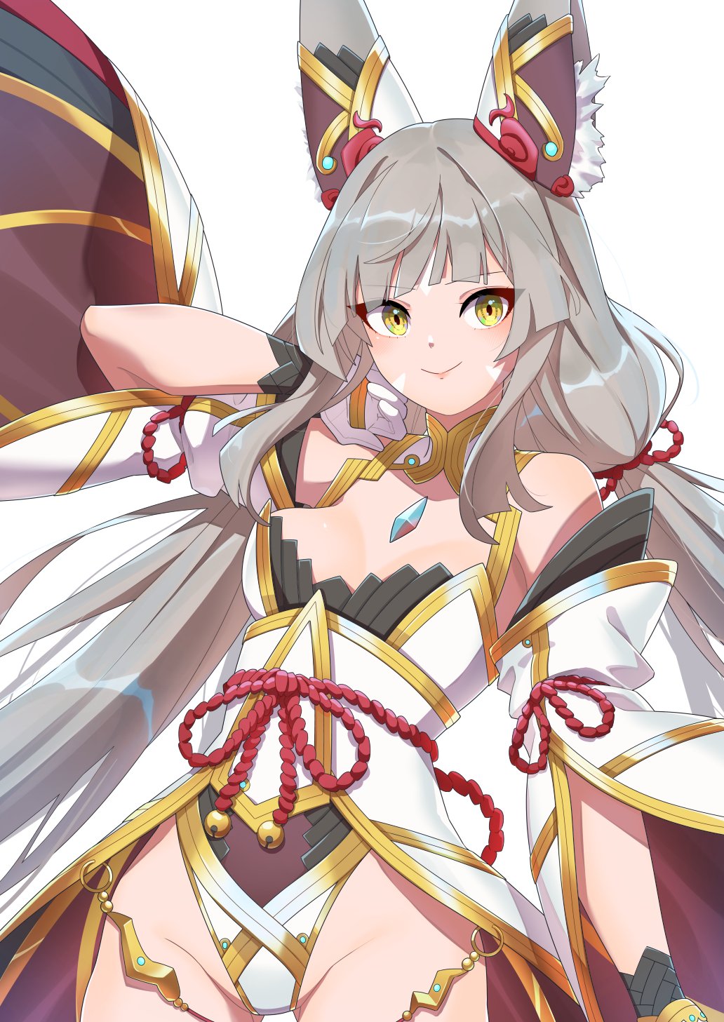 1girl animal_ears blunt_bangs breasts cat_ears chest_jewel facial_mark gloves grey_hair hehe_jun highleg highleg_leotard highres leotard long_hair low_twintails nia_(blade)_(xenoblade) nia_(xenoblade) solo twintails very_long_hair white_gloves xenoblade_chronicles_(series) xenoblade_chronicles_2 yellow_eyes