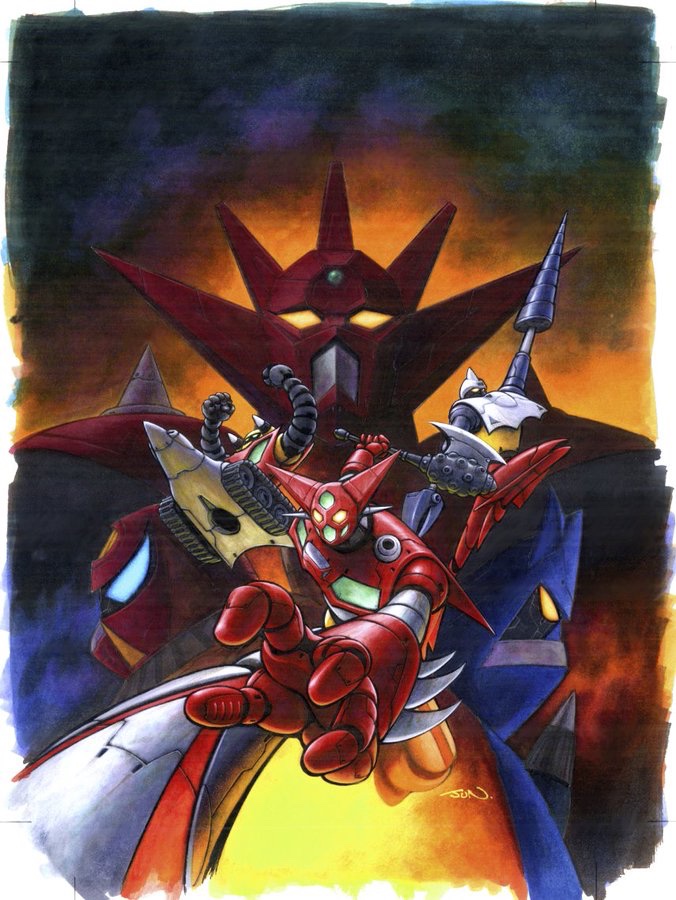 axe cape caterpillar_tracks drill getter-1 getter-2 getter-3 getter_dragon getter_liger getter_poseidon getter_robo getter_robo_g green_eyes holding holding_axe holding_weapon horns looking_at_viewer mecha mecha_focus nakamura_jun&#039;ichi no_humans red_cape retro_artstyle robot science_fiction spikes super_robot weapon yellow_eyes