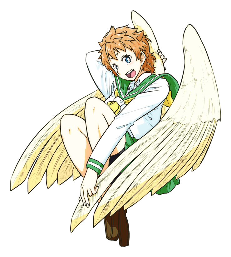 1girl blue_eyes female_focus hanei_mine open_mouth orange_hair school_uniform serafuku short_hair shun_(rokudena-shi) solo species_domain wings