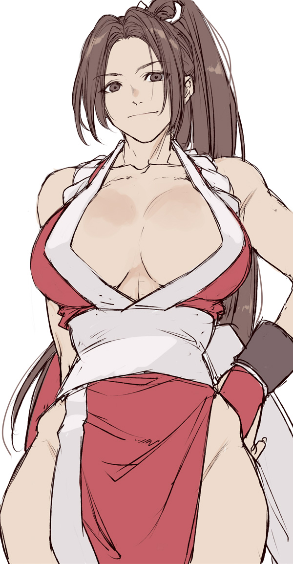 1girl bare_shoulders breasts brown_eyes brown_hair cleavage fatal_fury female_focus hand_on_own_hip japanese_clothes large_breasts long_hair looking_at_viewer matching_hair/eyes ninja no_bra parted_bangs ponytail sash shiranui_mai side_slit smile standing white_background white_sash yasunososaku