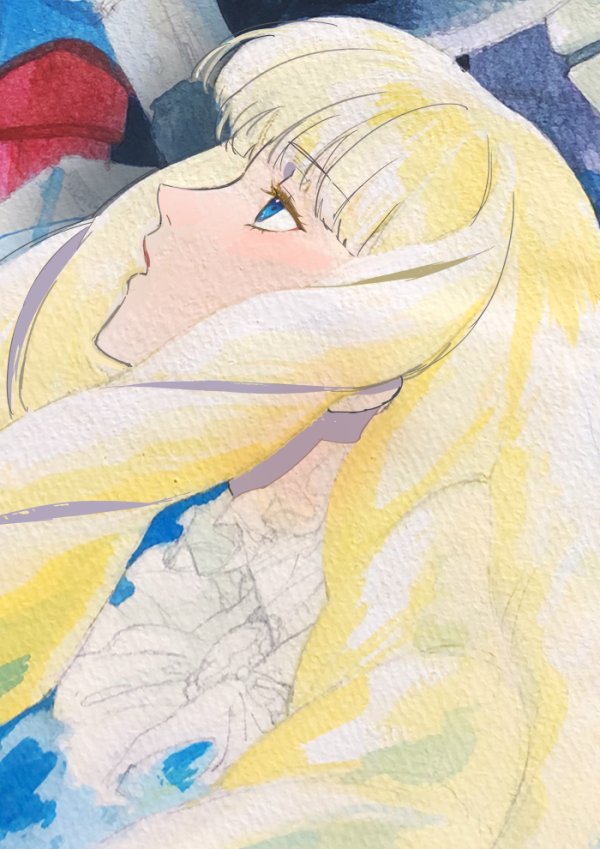 1girl big_hair blonde_hair blue_eyes collar cosplay dianna_soreil drill_hair facing_up frilled_collar frills fuji_(piro) gundam kihel_heim kihel_heim_(cosplay) lipstick look-alike makeup mecha pale_skin red_lips robot solo turn_a_gundam turn_a_gundam_(mobile_suit) watercolor_effect