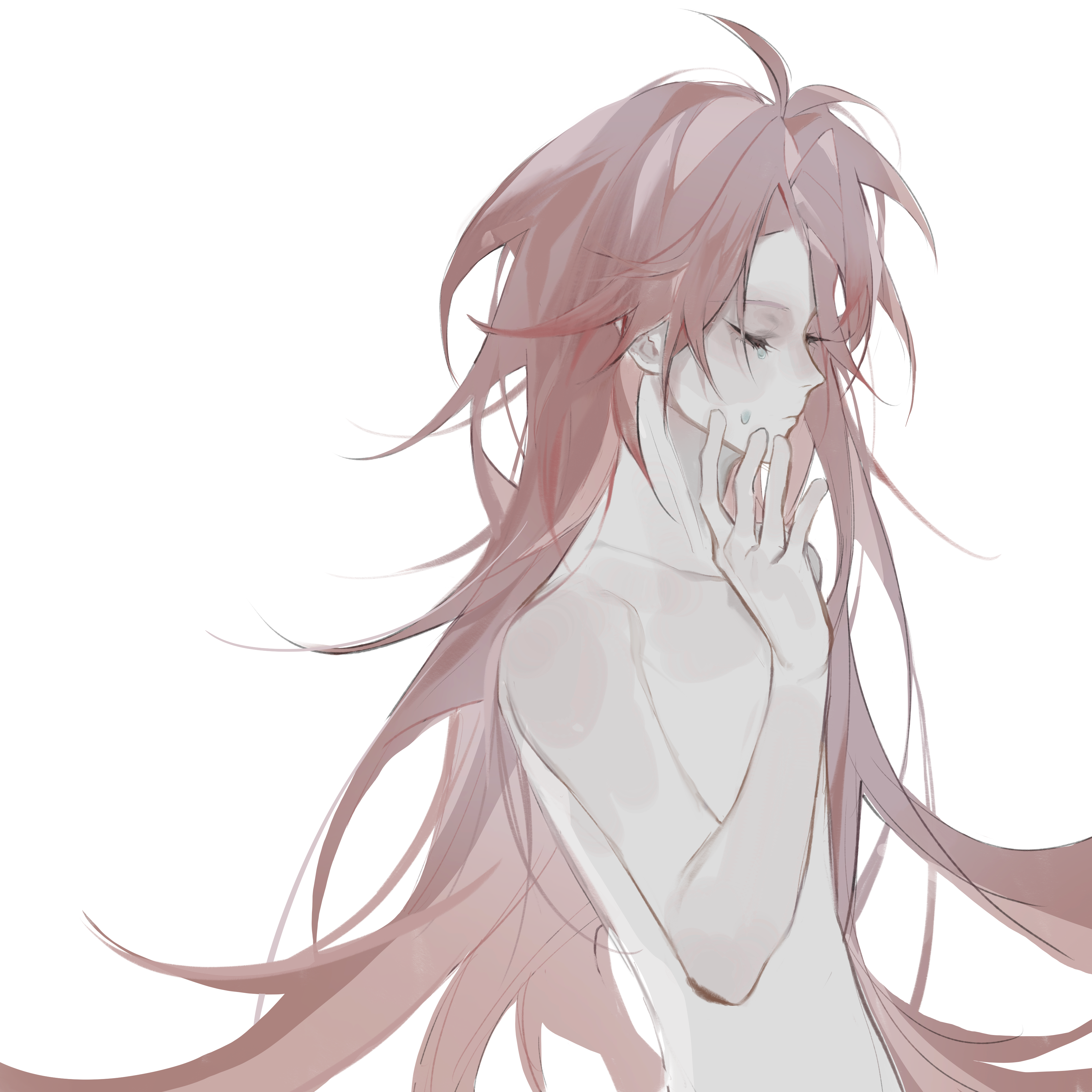 1boy absurdres ahoge c8h11o2n chinese_commentary closed_eyes closed_mouth collarbone commentary_request completely_nude crying hand_on_own_cheek hand_on_own_face hatsutori_hajime highres long_hair male_focus messy_hair nude pale_skin pink_hair saibou_shinkyoku simple_background solo transparent_background upper_body variant_set very_long_hair