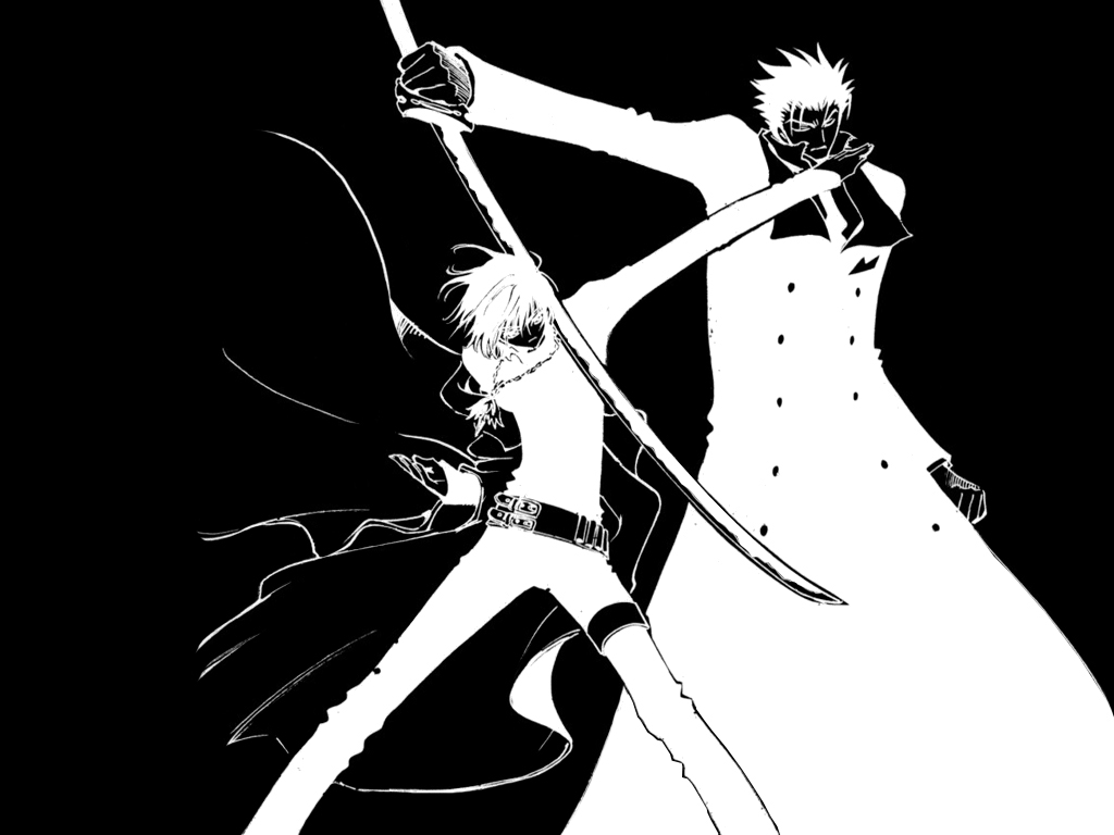 00s 2boys belt cape fighting_stance greyscale holding holding_sword holding_weapon jewelry katana kurogane kurogane_(tsubasa_chronicle) leg_belt male_focus monochrome multiple_boys necklace shirou_kamui standing sword tsubasa_chronicle weapon