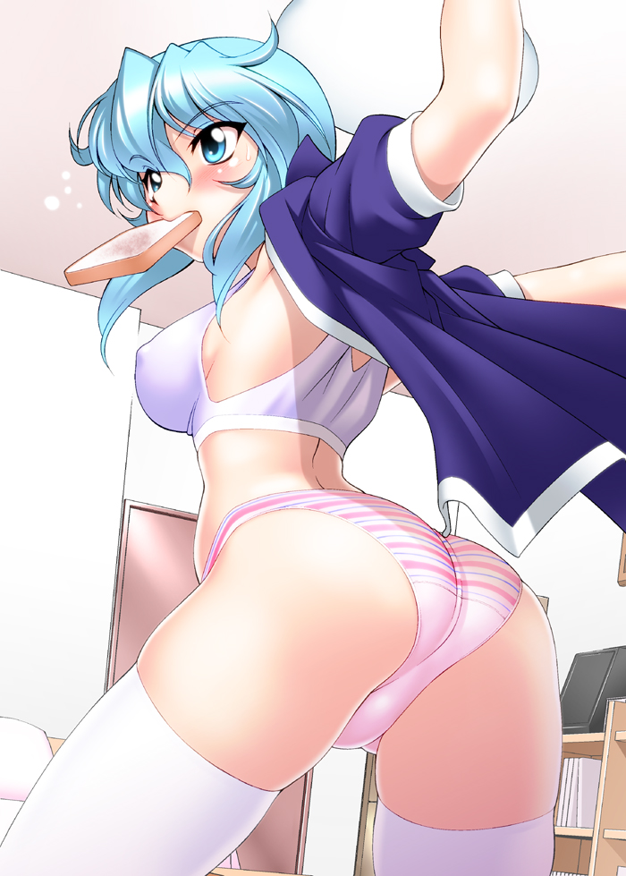 10s 1girl aqua_hair ass blue_eyes blush bread bread_slice breasts covered_erect_nipples dressing eating female_focus food food_in_mouth large_breasts lyrical_nanoha mahou_shoujo_lyrical_nanoha_vivid mouth_hold numbers_(nanoha) panties pink_panties sakura_ryuuken sein_(nanoha) short_hair skindentation solo sports_bra striped_clothes striped_panties thighhighs toast toast_in_mouth underwear white_thighhighs