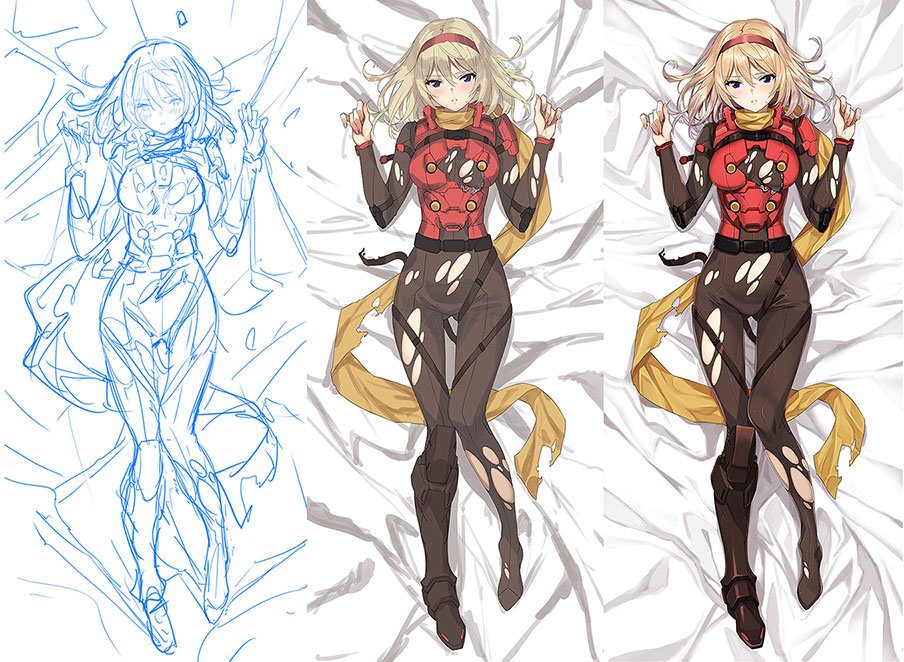 009_re:cyborg 1girl bed_sheet black_bodysuit blonde_hair blush bodysuit breasts cyborg_009 dakimakura_(medium) francoise_arnoul full_body hairband long_hair looking_at_viewer lying official_art on_back saitou_masatsugu scarf solo torn_clothes