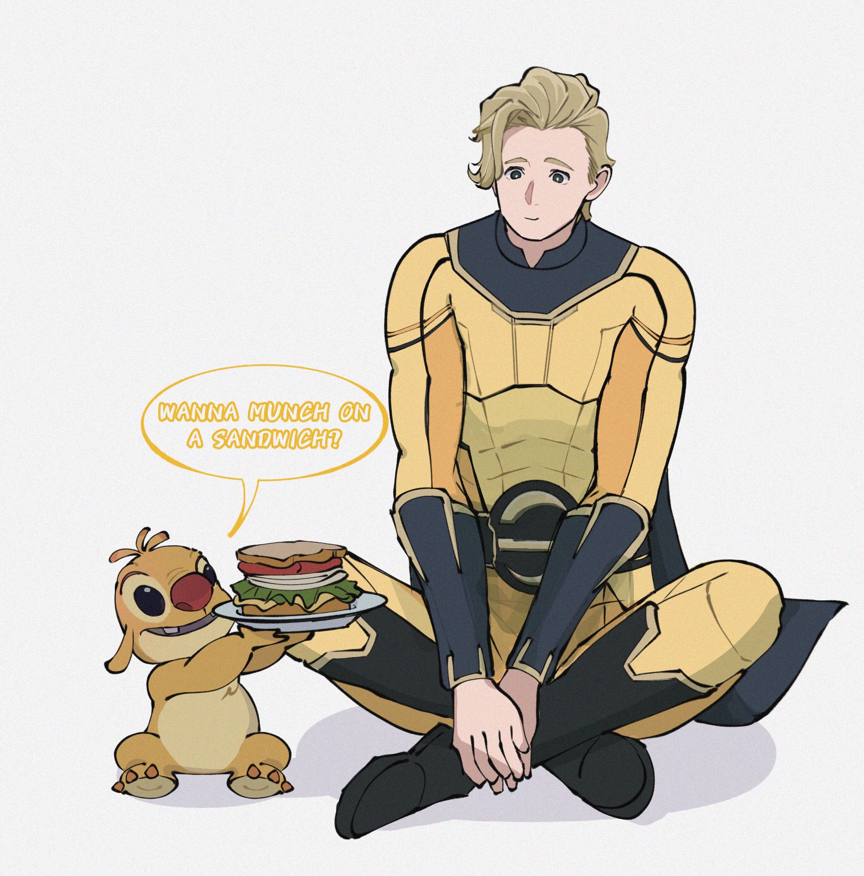 1boy animal_ears animal_nose belt black_belt black_boots black_cape black_eyes blonde_hair bodysuit boots cape claws closed_mouth commentary creature crossover english_text food highres holding holding_plate lilo_&_stitch looking_at_another marvel marvel_cinematic_universe open_mouth plate sandwich sentry_(marvel) shadow short_hair simple_background sitting smile speech_bubble superhero_costume symbol-only_commentary thunderbolts_(movie) white_background yamuoez yellow_bodysuit yellow_fur