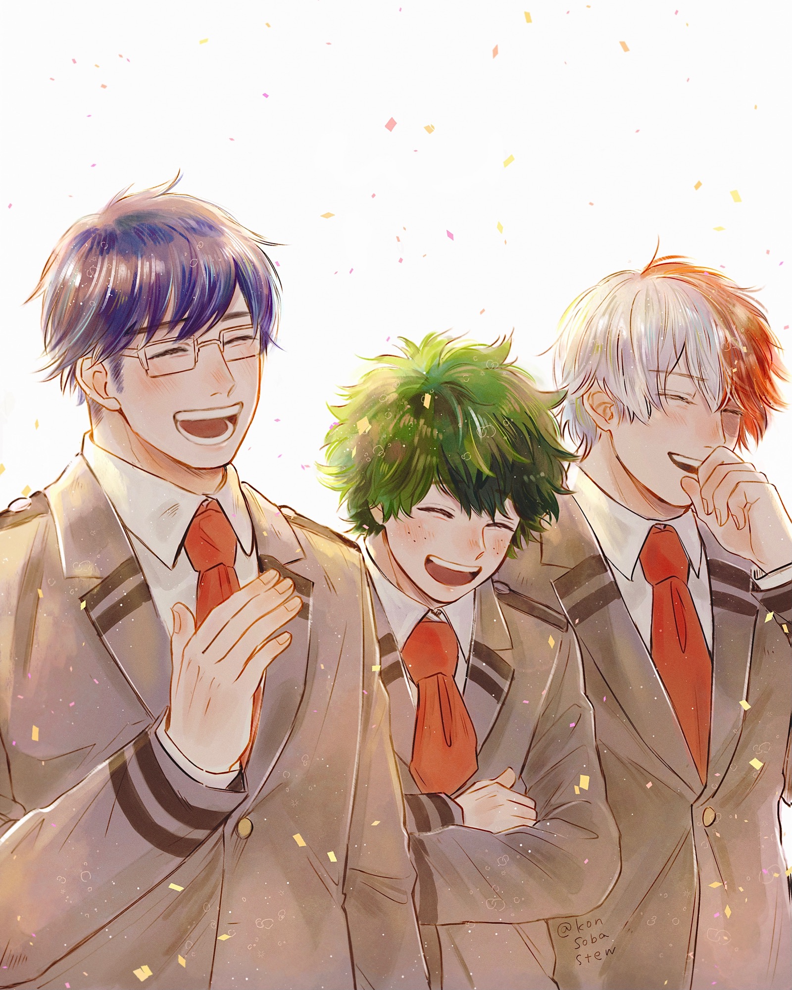 3boys black_hair boku_no_hero_academia closed_eyes collared_shirt confetti fingernails freckles green_hair grey_jacket highres iida_tenya jacket konsobastew laughing male_focus midoriya_izuku multicolored_hair multiple_boys necktie open_mouth rectangular_eyewear red_hair red_necktie school_uniform shirt short_hair sideburns split-color_hair teeth todoroki_shoto white_background white_hair