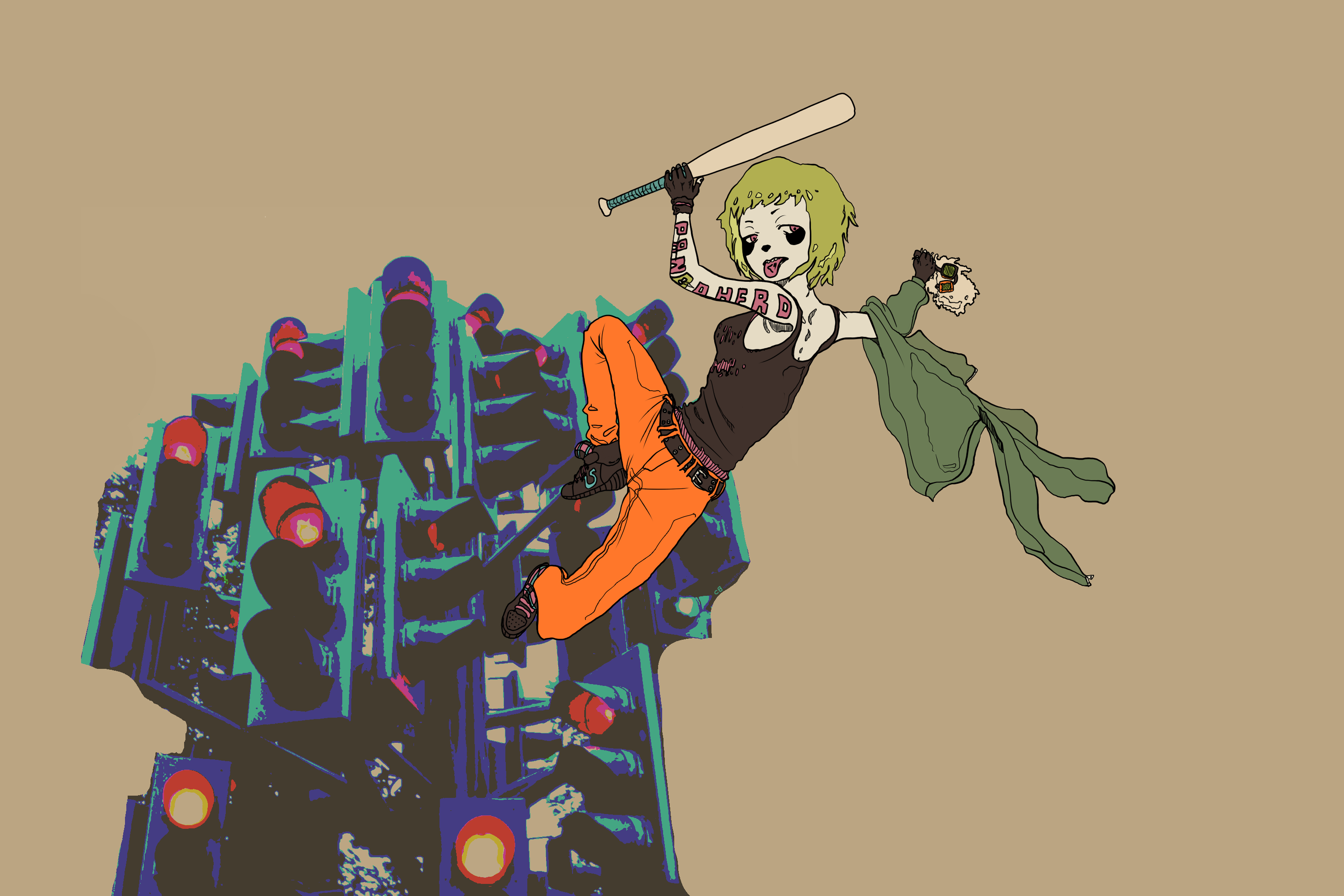 baseball_bat green_hair gumi highres hood hoodie panda_hero_(vocaloid) pink_eyes tank_top traffic_light vocaloid