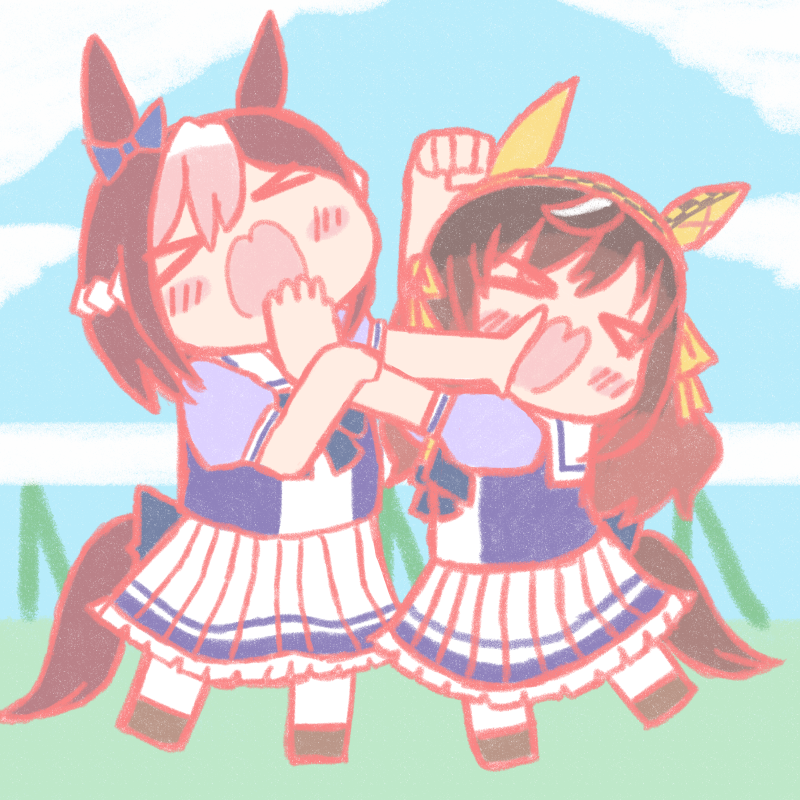 &gt;_&lt; 2girls animal_ears blush brown_hair buena_vista_(umamusume) chibi clenched_hands closed_eyes commentary_request grass hair_ornament headband horse_ears horse_girl horse_tail kurotora03 long_hair medium_hair multiple_girls open_mouth pushing_away pushing_face school_uniform special_week_(umamusume) tail tracen_school_uniform umamusume