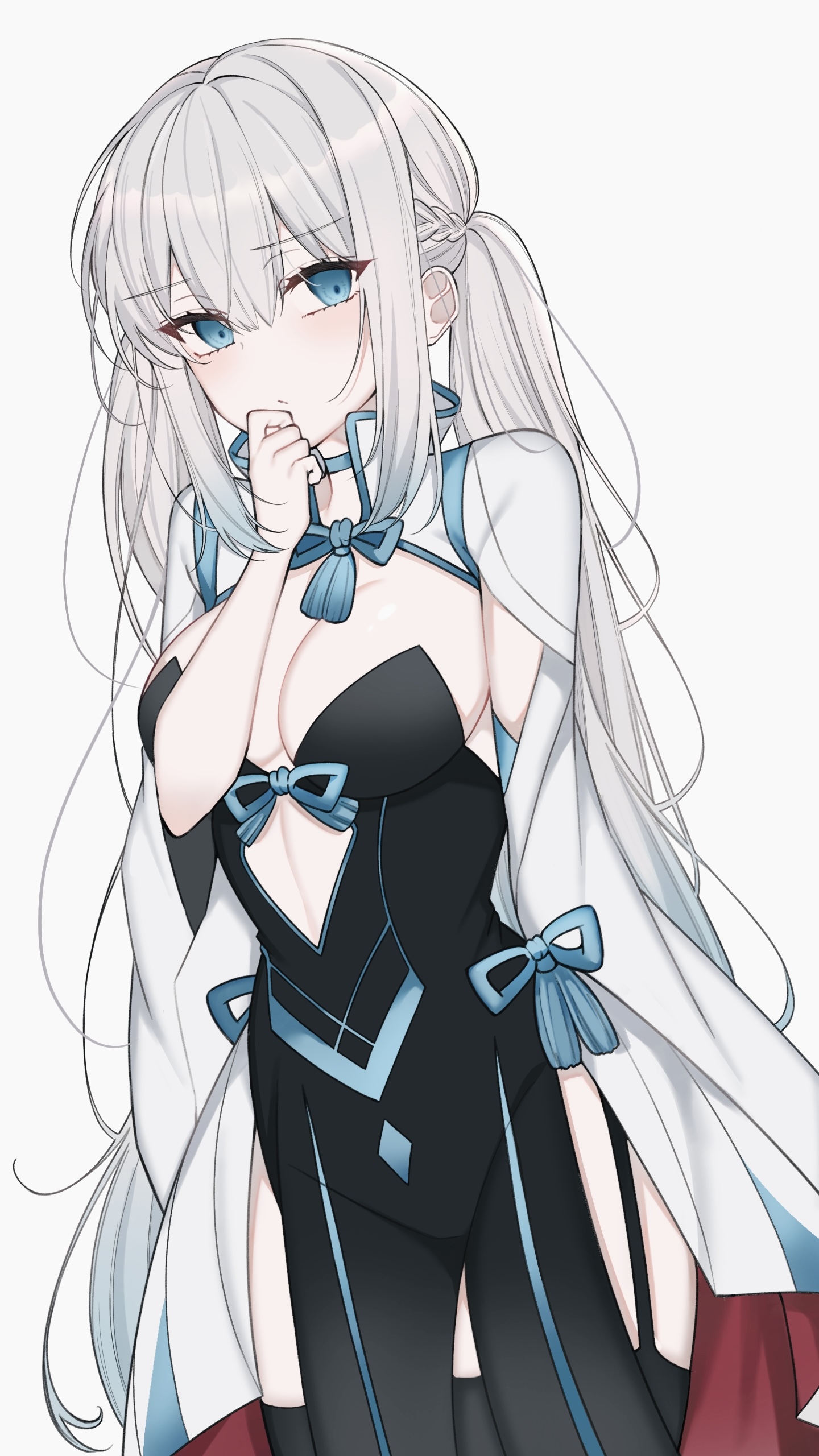 :/ absurdres alternate_hairstyle arm_at_side black_dress black_thighhighs blue_bow blue_bowtie blue_eyes blue_hair bow bowtie braid breasts cleavage closed_mouth clothing_cutout cowboy_shot dress fate/grand_order fate_(series) frown garter_straps gradient_hair half_up_braid hand_on_own_chin hand_up highres long_hair long_sleeves looking_to_the_side low_twintails mati5572 medium_breasts morgan_le_fay_(fate) morgan_le_fay_(first_ascension)_(fate) multicolored_hair pelvic_curtain popped_collar shrug_(clothing) side_slit simple_background strapless strapless_dress stroking_own_chin tassel thighhighs twintails very_long_hair white_background white_hair white_shrug wide_sleeves