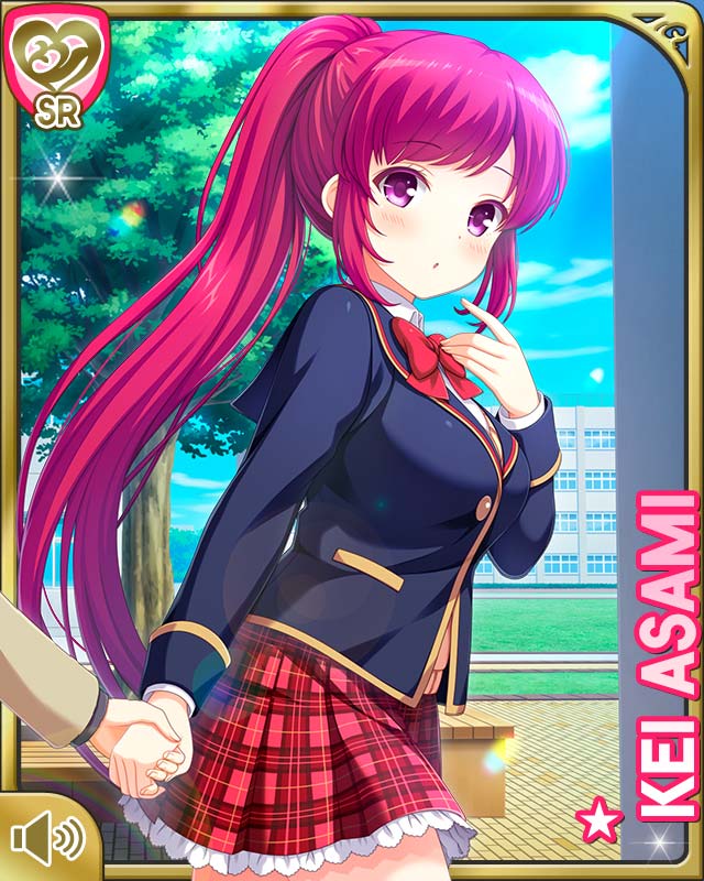asami_kei blazer card_(medium) cardigan girlfriend_(kari) jacket long_hair non-web_source plaid_clothes plaid_skirt ponytail purple_eyes red_hair red_skirt school_uniform skirt very_long_hair