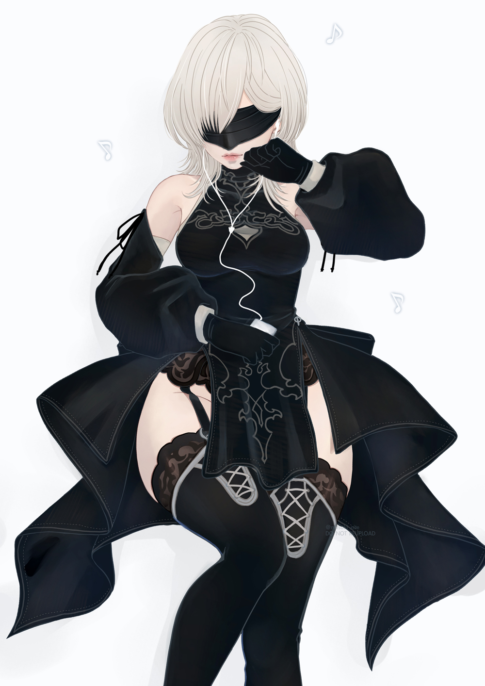 10h_(nier_reincarnation) black_gloves blindfold digital_media_player gloves highres ipod mitsuki_nite musical_note nier_(series) nier_reincarnation white_background white_hair