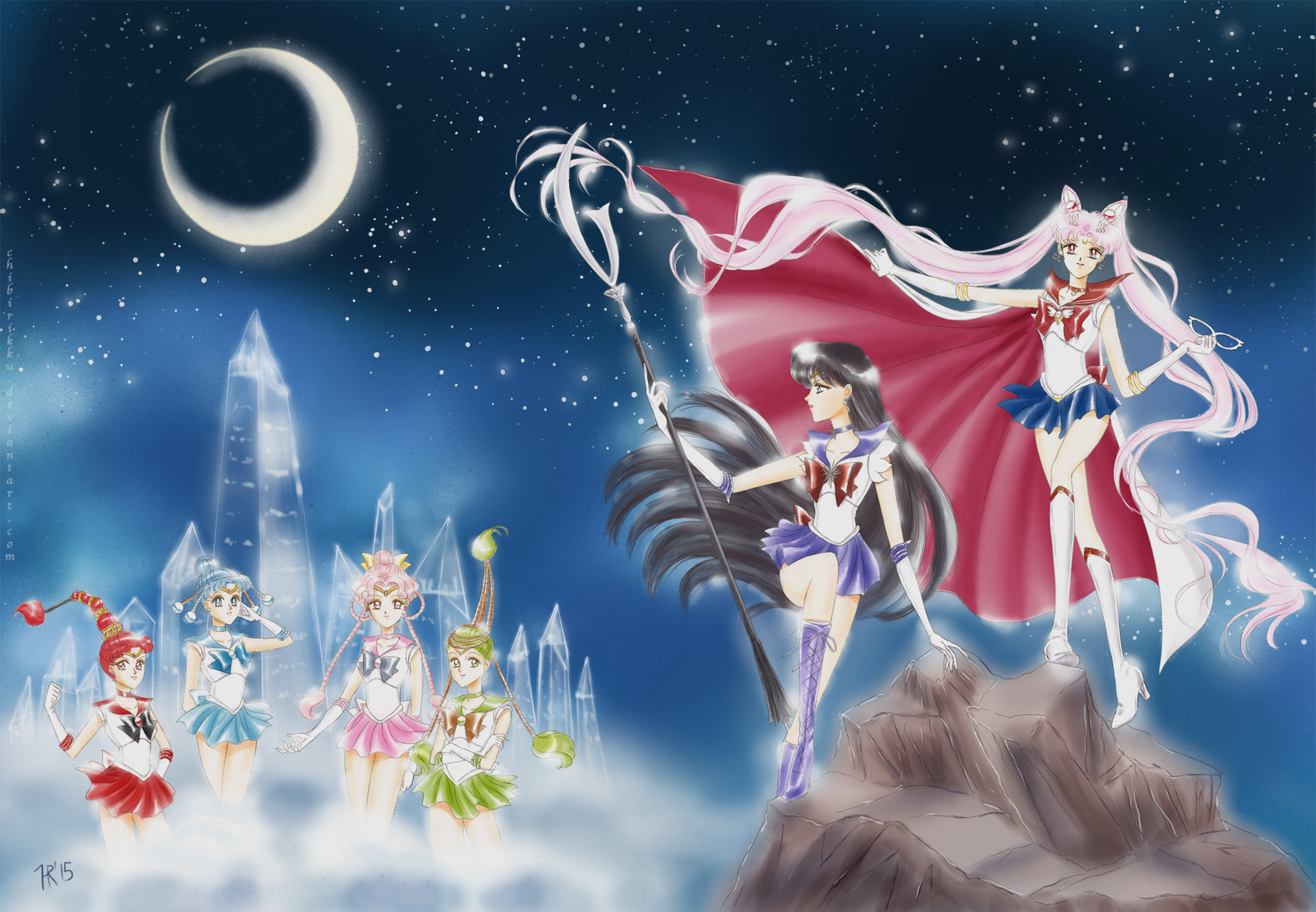 10s 1990s_(style) 2015 6+girls adapted_costume aged_up alternate_hair_length alternate_hairstyle bishoujo_senshi_sailor_moon bishoujo_senshi_sailor_moon_s bishoujo_senshi_sailor_moon_supers black_bow black_hair blue_bow blue_eyes blue_hair blue_skirt boots bow brooch brown_bow cape cerecere_(sailor_moon) chibi_usa chibirikku choker crescent crescent_moon crossed_arms double_bun earrings elbow_gloves facial_mark forehead_mark gloves green_eyes green_hair green_skirt grey_bow hair_bow hair_bun hair_ornament hair_rings hairpin highres jewelry junjun_(sailor_moon) knee_boots long_hair magical_girl mask unworn_mask moon multi-tied_hair multiple_girls official_style pallapalla_(sailor_moon) parody pink_eyes pink_hair pink_skirt pleated_skirt polearm purple_footwear purple_skirt red_bow red_eyes red_hair red_skirt retro_artstyle sailor_ceres sailor_chibi_moon sailor_collar sailor_juno sailor_pallas sailor_saturn sailor_senshi sailor_vesta short_hair signature silence_glaive skirt spear standing style_parody tiara tomoe_hotaru twintails vesves_(sailor_moon) weapon white_footwear white_gloves yellow_bow