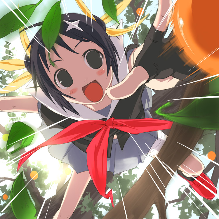 00s 1girl :d bandages black_eyes black_hair blush double_bun emphasis_lines female_focus fingerless_gloves food fruit gloves hair_bun hair_ribbon happy himawari himawari! hinata_himawari hyuuga_himawari jumping leaf motion_blur ninja open_mouth orange_(fruit) outdoors outstretched_arm outstretched_hand reaching ribbon school_uniform serafuku short_hair shuriken skirt smile solo sun tree uni_(plastic_girl) weapon