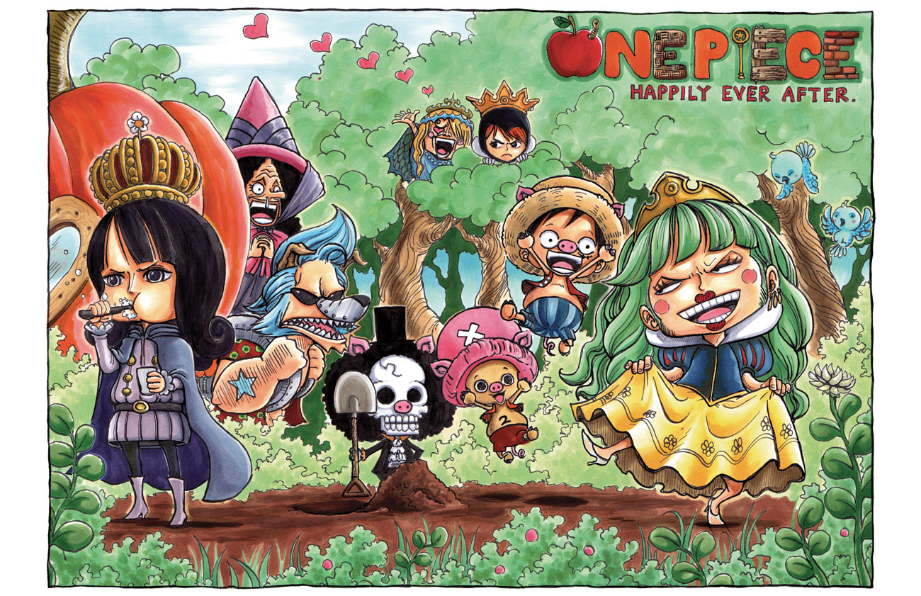 2girls 6+boys bird black_hair blonde_hair blue_hair blunt_bangs boots brook_(one_piece) cape chibi clothes_lift commentary copyright_name cosplay cross crown dress e1n english_commentary forest franky_(one_piece) green_hair hat heart heart-shaped_eyes high_heels holding light_blue_hair long_hair long_nose looking_at_another monkey_d._luffy multiple_boys multiple_girls nami_(one_piece) nature nico_robin one_piece open_mouth orange_hair pink_hat roronoa_zoro sanji_(one_piece) skeleton skirt skirt_hold sky smile snow_white_(disney) snow_white_(disney)_(cosplay) straw_hat tony_tony_chopper usopp