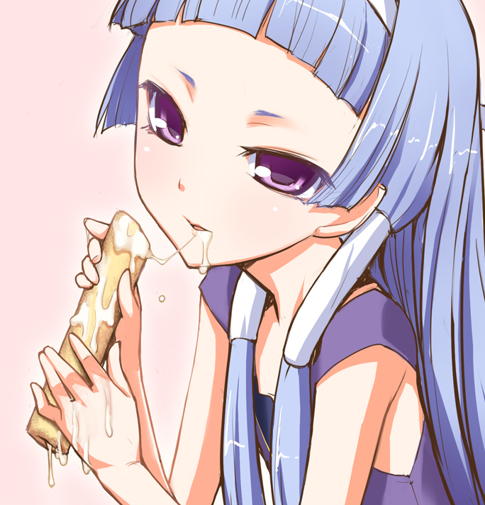 00s blue_hair blunt_bangs eating kannagi long_hair nagi purple_eyes sexually_suggestive solo yamanezumi_rokikku