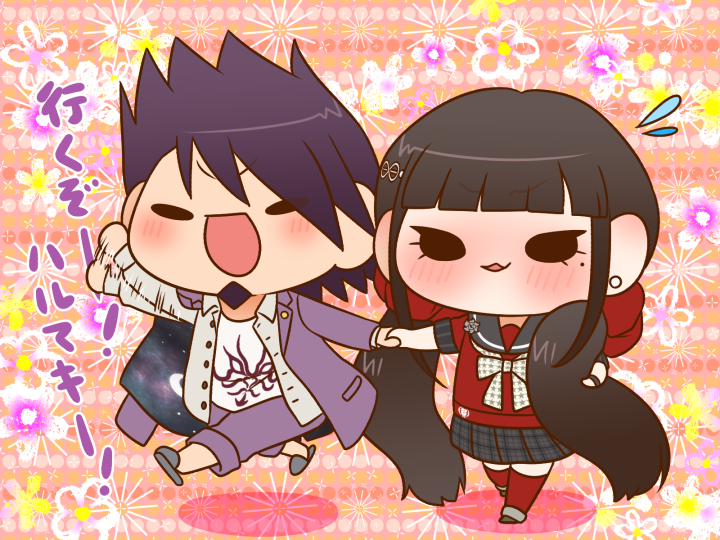 1boy 1girl afterimage black_eyes black_footwear black_sailor_collar black_skirt blunt_bangs boots bow bowtie brooch brown_hair chibi coat coat_partially_removed collared_coat collared_jacket commentary_request couple crescent danganronpa_(series) danganronpa_v3:_killing_harmony embarrassed eyelashes facial_hair fireworks floral_background flower flower_brooch flying_sweatdrops furrowed_brow goatee grey_flower grey_footwear grey_jacket grey_rose hair_ornament hair_scrunchie hairclip happy harukawa_maki hetero holding holding_hands holding_own_hair infinity_symbol jacket lapel_pin lapels long_hair long_sleeves miniskirt mole mole_under_eye momota_kaito motion_lines nervous_smile notched_lapels open_clothes open_jacket open_mouth orange_background pants plaid_clothes plaid_skirt pleated_skirt polka_dot polka_dot_background polka_dot_bow purple_coat purple_hair purple_pants red_scrunchie red_shirt red_thighhighs rose sailor_collar school_uniform scrunchie serafuku shadow shirt short_hair skirt slippers smile solid_oval_eyes space_print spiked_hair starry_sky_print thighhighs three-quarter_sleeves translation_request two-sided_coat two-sided_fabric v-shaped_eyebrows very_long_hair walking waving_arm white_bow white_bowtie white_shirt yumaru_(marumarumaru)