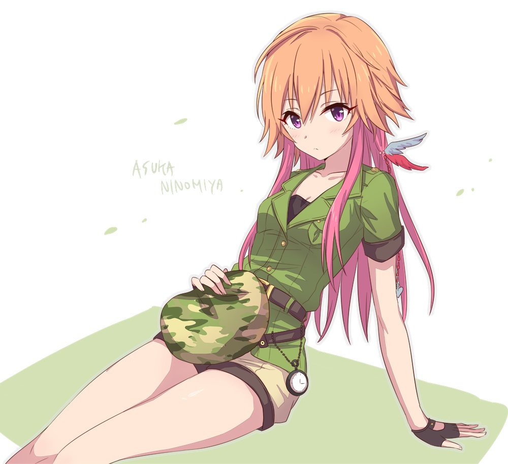 2_nostg beige_shorts belt beret black_belt black_gloves blush breasts camouflage camouflage_headwear character_name cleavage collarbone commentary_request expressionless fingerless_gloves gloves green_shirt hair_ornament hat idolmaster idolmaster_cinderella_girls legs light_brown_hair long_hair looking_at_viewer multicolored_hair ninomiya_asuka pocket_watch purple_hair shirt short_sleeves shorts sitting small_breasts solo two-tone_hair watch white_background