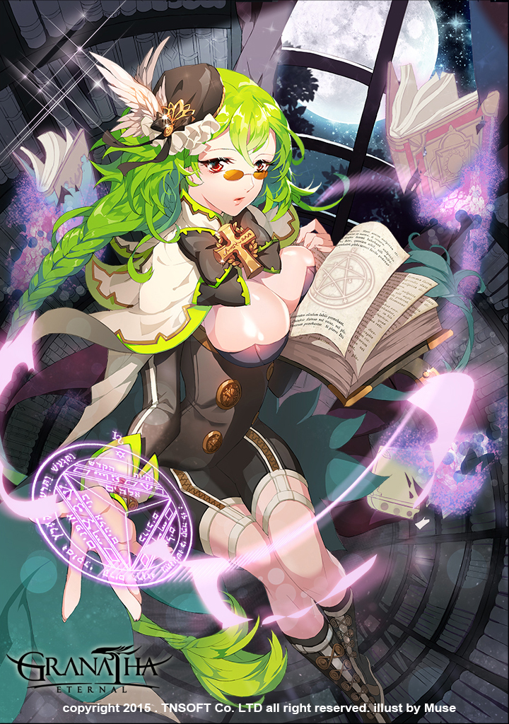 1girl artist_name book boots bow bowtie braid breasts cape cleavage company_name copyright_name cross dated feathers female_focus granatha_eternal green_hair hat leaf long_hair magic_circle moon muse_(rainforest) night night_sky official_art red_eyes sky solo star_(sky) sunglasses twin_braids window