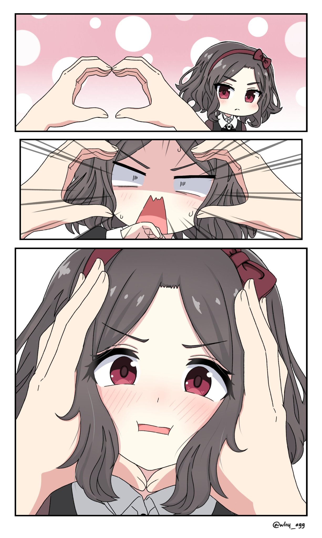 2girls a_whydc blush bow_hairband brown_hair commentary ebizuka_tomo girls_band_cry hairband heart heart_hands highres looking_at_viewer multiple_girls parted_lips pink_background pov red_eyes red_hairband short_hair snoot_challenge sweatdrop white_background