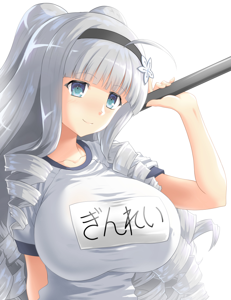 1girl baton blush breasts drill_hair ginrei_(senran_kagura) green_eyes grey_hair gym_uniform hairband large_breasts long_hair looking_at_viewer senran_kagura smile