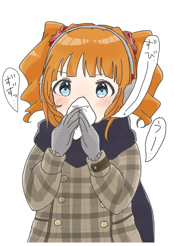 1girl 765pro522 aqua_eyes black_scarf blowing_nose blush brown_coat buttons coat commentary drill_hair earmuffs gloves grey_gloves hair_ornament hair_scrunchie idolmaster idolmaster_(classic) looking_at_viewer nose_blush orange_hair plaid_clothes plaid_coat plaid_scrunchie red_scrunchie scarf scrunchie simple_background solo speech_bubble takatsuki_yayoi tissue twin_drills twintails upper_body wavy_hair white_background
