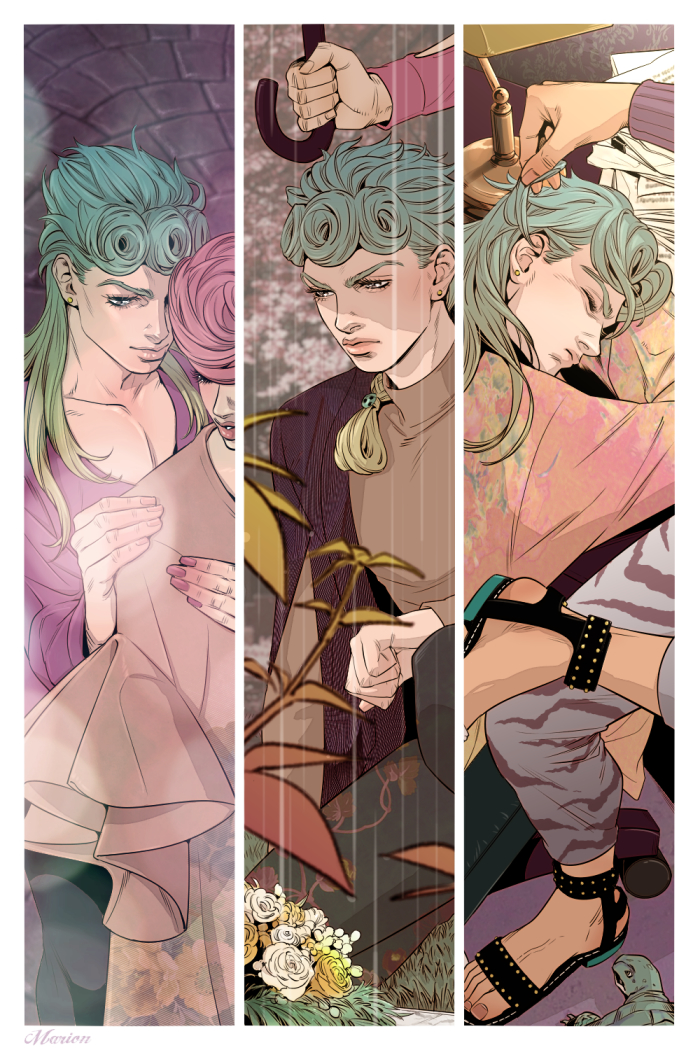 1girl 2boys alternate_hair_length alternate_hairstyle aqua_hair bad_id bad_pixiv_id blonde_hair braid coco_jumbo earrings flower giorno_giovanna gradient_hair guido_mista jewelry jojo_no_kimyou_na_bouken kneeling marion-ville multicolored_hair multiple_boys nail_polish pink_hair pink_nails rain rose single_braid sitting sleeping smile stud_earrings trish_una turtle umbrella vento_aureo white_flower white_rose yellow_flower yellow_rose