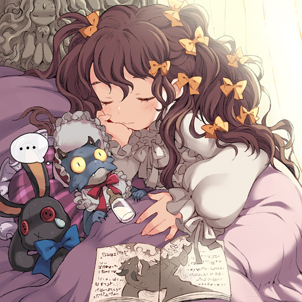 1girl baby bed bib book bottle brown_hair closed_eyes dragon female_focus hair_ribbon hat long_hair original pajamas pillow ribbon sleeping solo speech_bubble stuffed_animal stuffed_rabbit stuffed_toy sword_girls tress_ribbon wooni