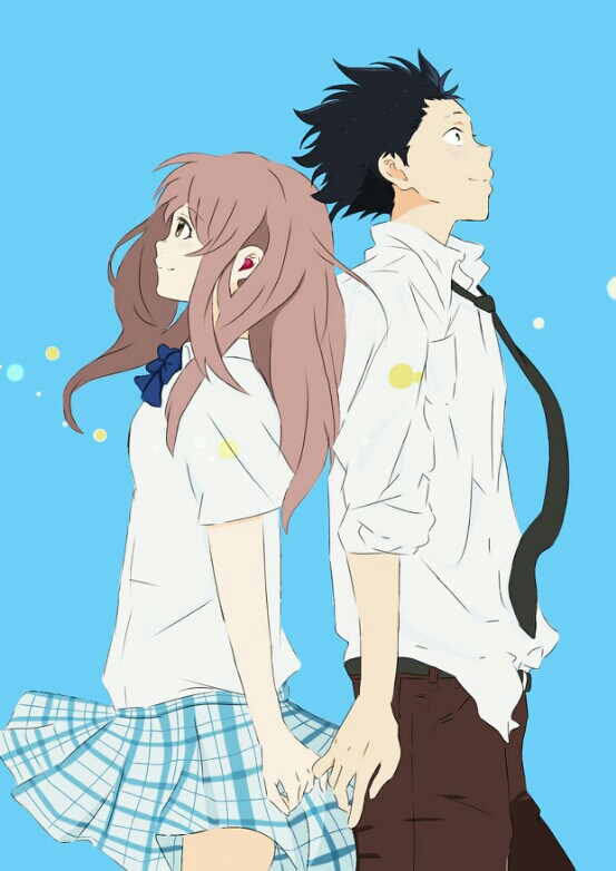1boy 1girl back-to-back black_eyes black_hair black_necktie blue_background blue_bow blue_bowtie blue_skirt bow bowtie brown_eyes brown_hair brown_pants closed_mouth collared_shirt cowboy_shot ishida_shouya koe_no_katachi kuro_(clown_1221) long_hair looking_up necktie nishimiya_shouko pants plaid_clothes plaid_skirt school_uniform shirt short_hair short_sleeves simple_background skirt smile spiked_hair white_shirt wind wind_lift