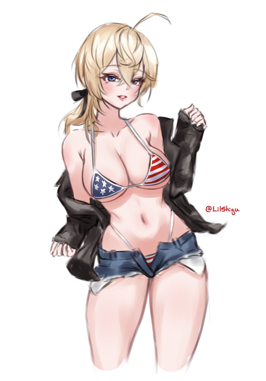 1girl ahoge alternate_costume american_flag american_flag_bikini american_flag_print bikini black_jacket blonde_hair blue_eyes breasts cleavage cutoffs denim denim_shorts flag_print highleg highleg_bikini highres jacket kantai_collection large_breasts lilshigu lips long_hair one-hour_drawing_challenge parted_lips print_bikini short_shorts shorts solo swimsuit tuscaloosa_(kancolle)
