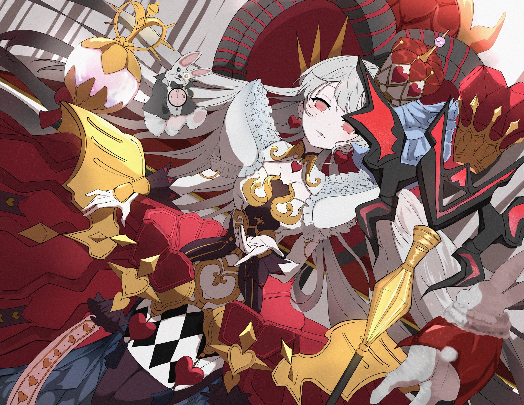 1girl breasts crown dress duel_monster grey_hair heart highres large_breasts long_hair maliss_&lt;q&gt;_hearts_crypter medium_breasts rabbit red_eyes uragawai white_dress yu-gi-oh!